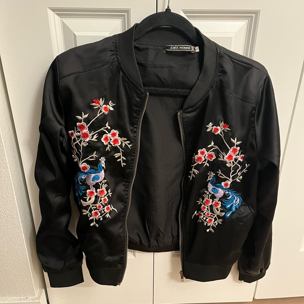 Zara Black Bomber Jacket with Colorful Floral Embroidery